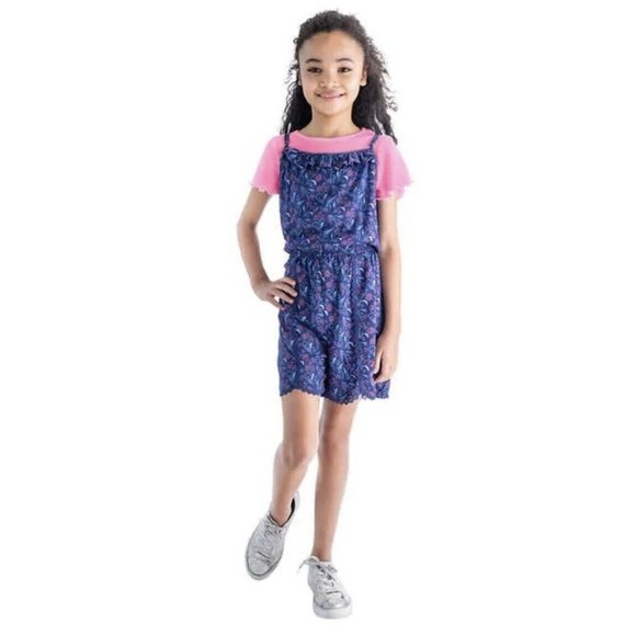 💟 3/$30 Blush by US Angels 2-Piece Summer Romper  T-Shirt Set Pink/Navy L 14/16 - Picture 1 of 2